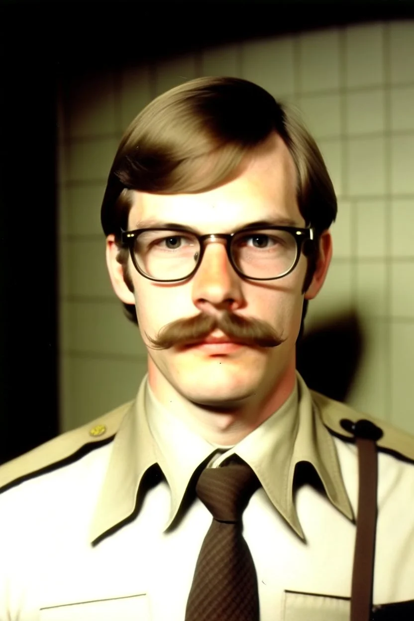 Young Jeffrey Dahmer in sheriff uniform with a mustache and glasses mugshot