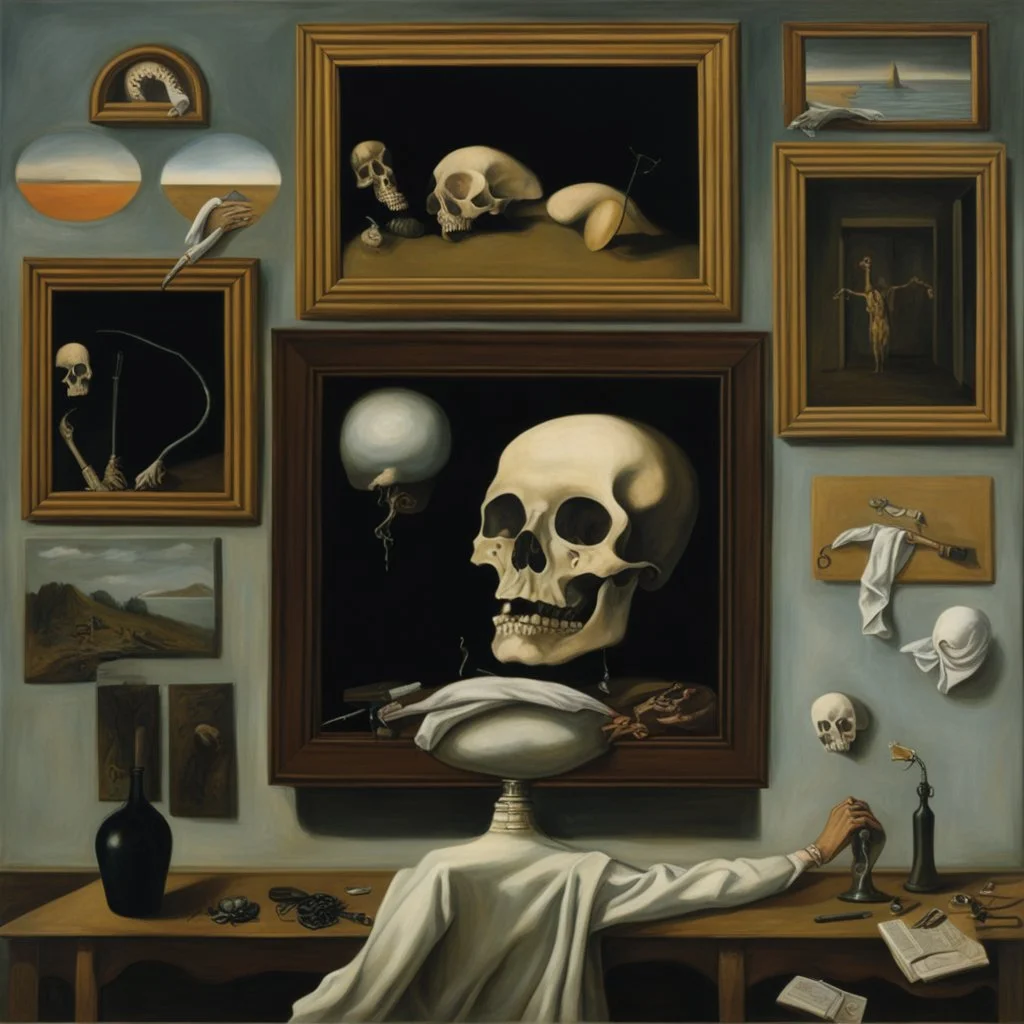 cover art surrealist painting called 'today I am thinking about death by dali and picasso and magritte and Breughel