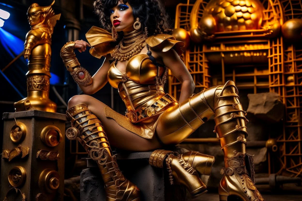 Cleopatra, with a bob hairstyle, in a steampunk setting, gold boots, in a fighting stance