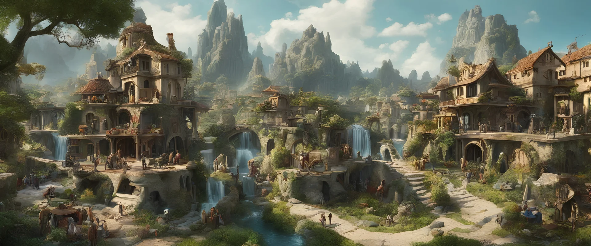 A busy outdoor surrealists market, in a beautiful surreal outdoor countryside summer scene, with hills, intricate dwellings, many weird creatures, many pathways & stairways, waterfalls, & a waterwheel : in the style of Salvador Dali & Hieronymus Bosch, very high detail, photorealistic, epic cinematic, 8K, Large depth of field