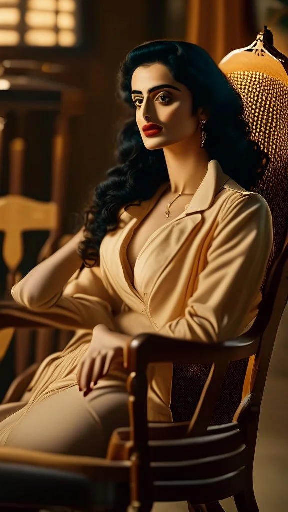 Create a cinematic shot of a captivating 23-year-old Arab woman with pale skin, sitting on an old chair, showcasing a retro vintage style reminiscent of Egon Schiele, Gustave Doré, and David Mann. The image should be captured in ultra HD 8K resolution, with a focus on hyperrealism and intricate details. Envision the model seated on the vintage chair, captured from a side angle to emphasize her alluring beauty and engaging presence. Her long black curly hair cascades down, framing her face, whil