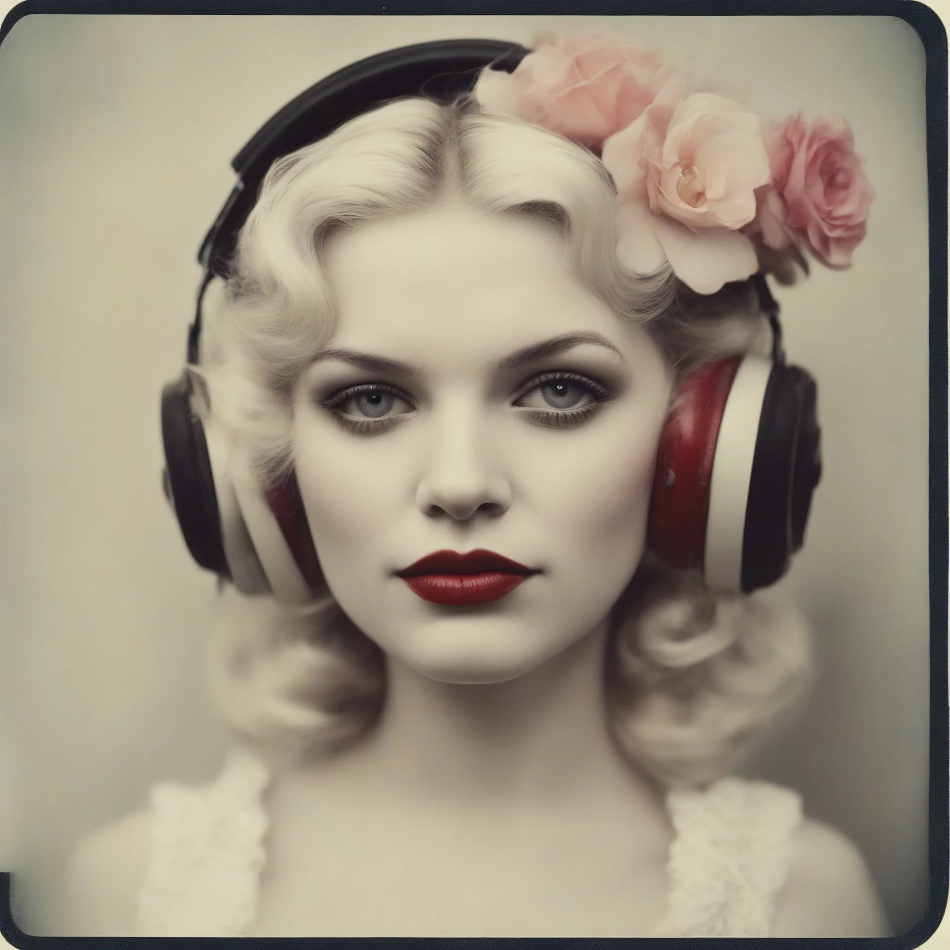 Grunge Polaroid head shot of doll-faced jean harlow, natural pouty lips, red nose, hair adorned with flowers, rosy cheeks and rosy nose, headphone