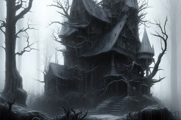  Wednesday Adams, black and white, one tall narrow scary house , pointy roof, cursed trees , dense dark forest, forest background, spiders, bats, bones, Escher style