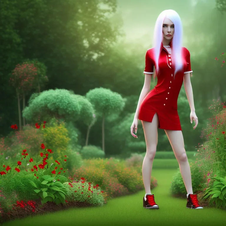 young lady walk in garden with red shirt and white hair