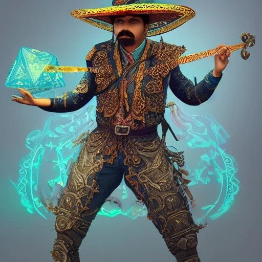 Insanely detailed photograph of an “ a mustachioed mariachi focusing on a glowing D20” with intricately detailed Sombrero, intricate armored charo,cigar,crossbow in hand, hyperdetailed painting by Ismail Inceoglu Huang Guangjian and Dan Witz CGSociety ZBrush Central fantasy art album cover art,8K, hdr, mysterious, flickeringlights ,Stoic