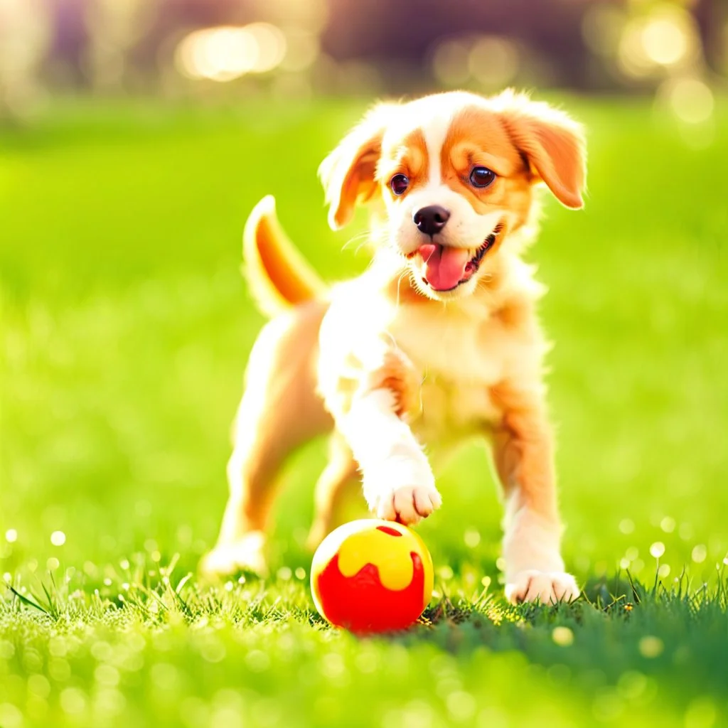 Cute puppy playing with his ball in the park.