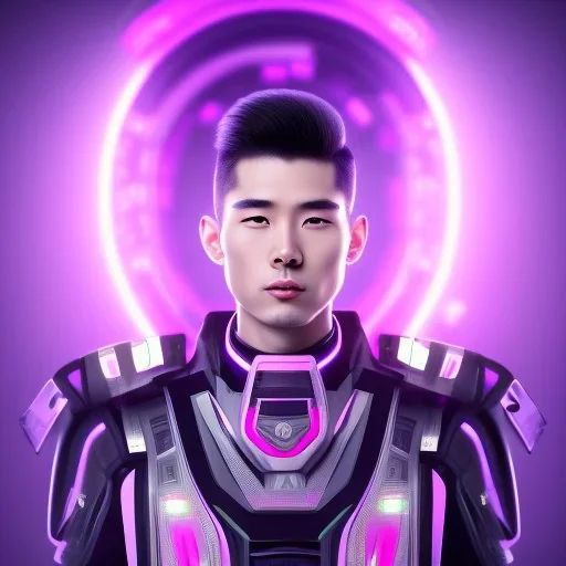 cute asian man in futuristic suits, black and white highlight hair color, pink and purple background, pink lighting, deep purple backlighting, gun, smoke