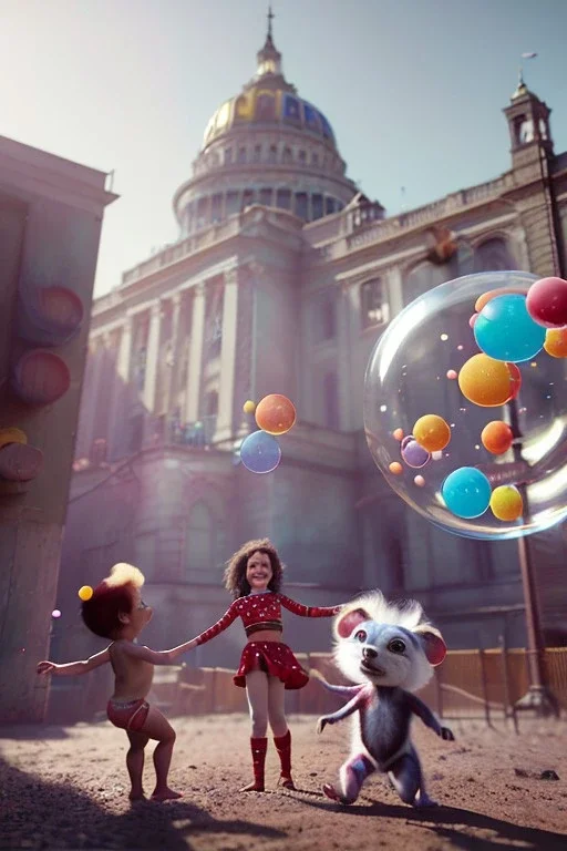 Ultra realistic circus scene. Child’s playing, smile, happy, color bubbles, smooth color, waist up view, Wes Anderson style, a lot of people background, highly detailed, concept art, unreal engine 5, god rays, ray tracing, RTX, lumen lighting, ultra detail, volumetric lighting, 3d, finely drawn, high definition, high resolution.