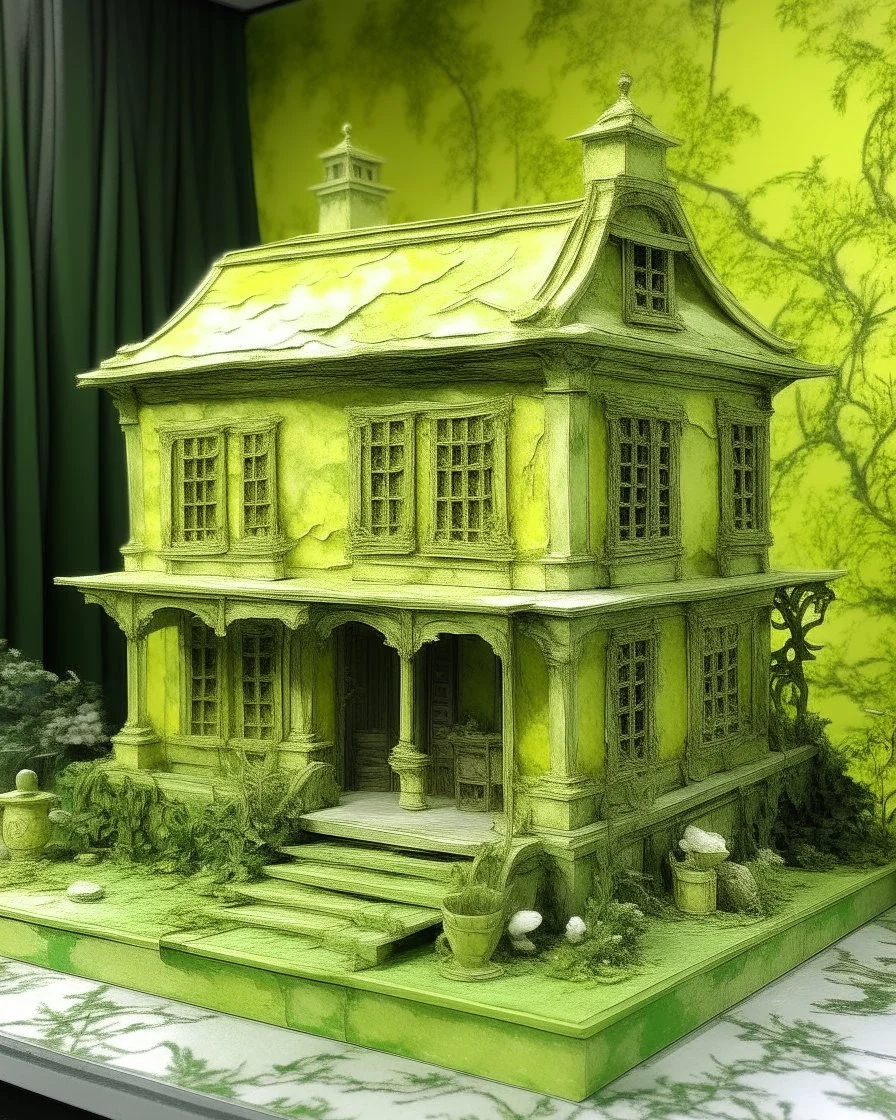 A pale greenish yellow house made out of wax designed in Chinese paper art painted by Gustave Courbet