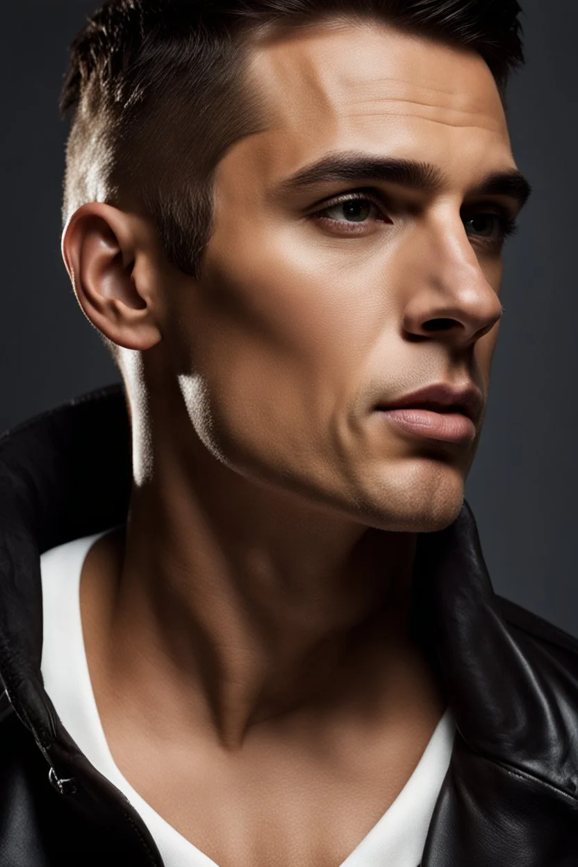 portrait of a 35 year old man very handsome with a sharp Jawline. OLIVE skin. DARK BROWN hair cut short, clean shaven