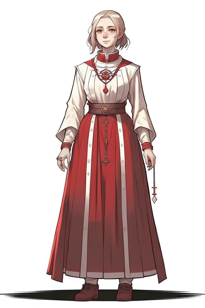 full length, 22-year old female cleric with red necklace