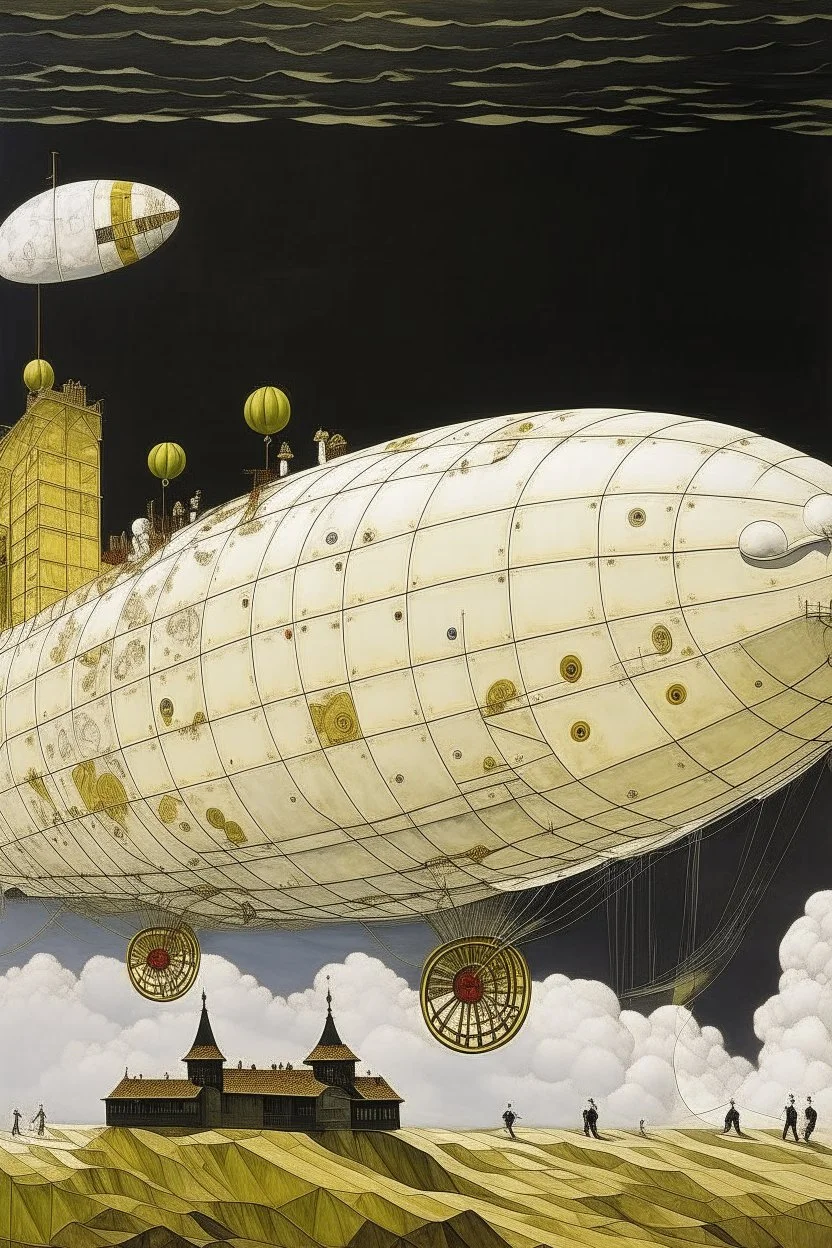 A white airship with bombs in the cloudy sky painted by Gustav Klimt