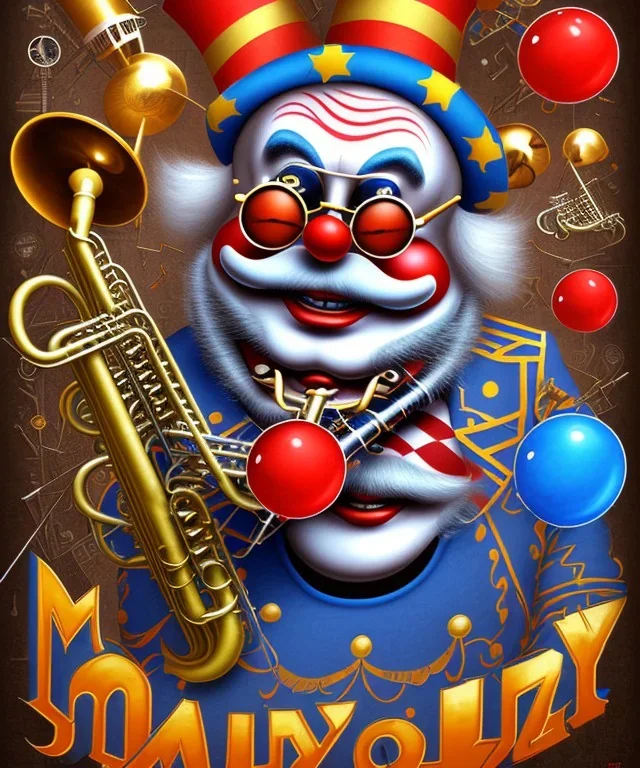 mechanoid happy old friendly fat clown with trimmed beard playing jazz with a steampunk theme, trumpet, realistic