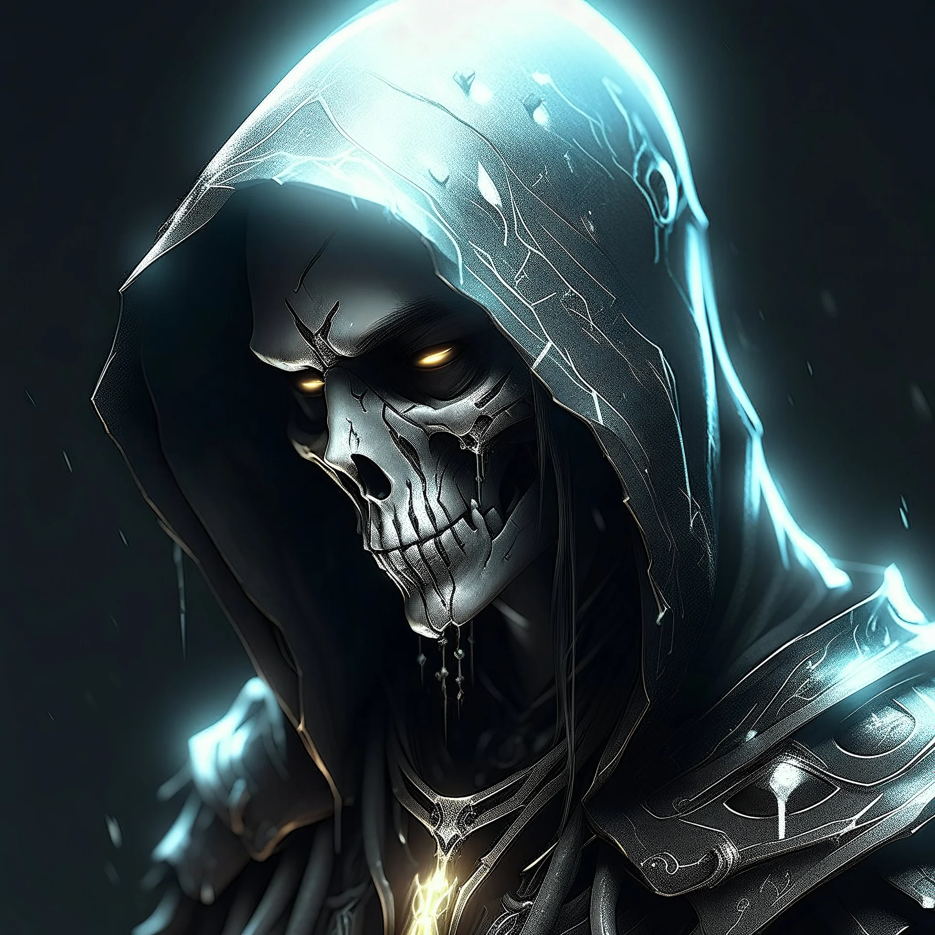 a close up of a person with a hood on, vector art, inspired by Aleksi Briclot, gothic art, titanium skeleton, unreal engine”, with silver runes on it, starcraft 2 videogame character