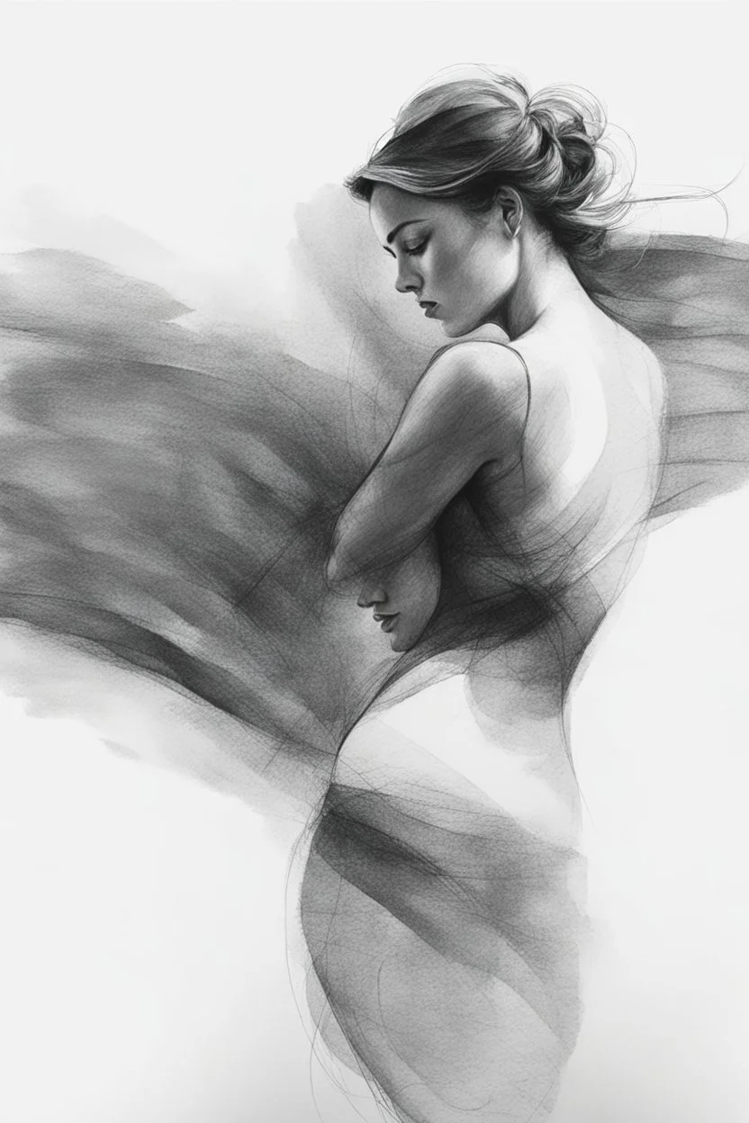 black and white expressive and abstract drawing of a full woman figure, contrast and detailed pencil trace texture, on drawing paper ar2:3 without shading