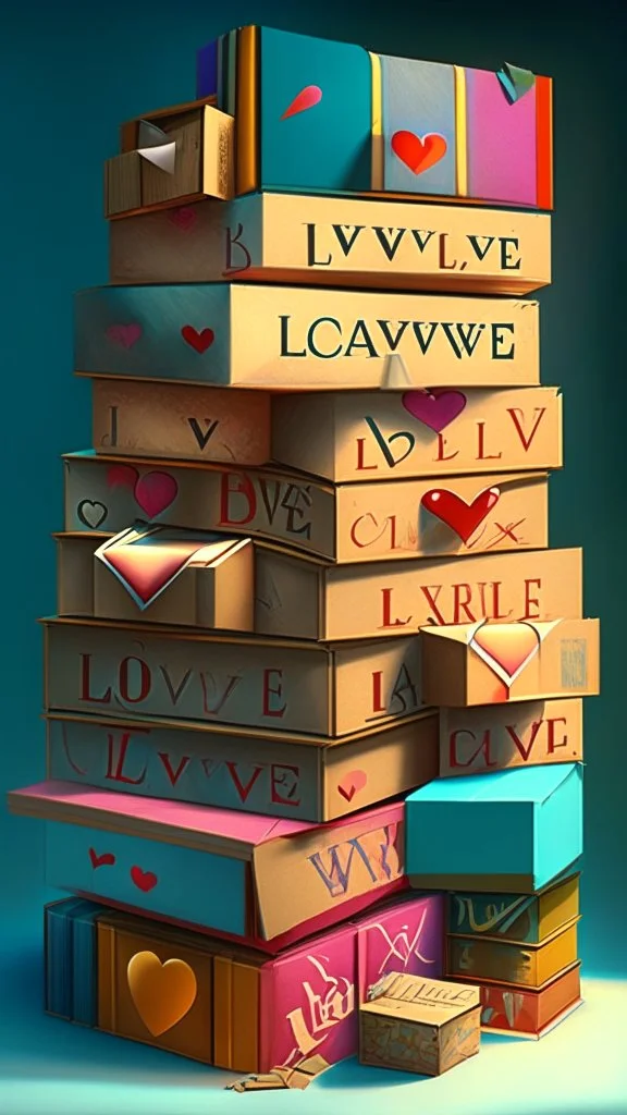 Stacked boxes full of love letters, realistic, professional, art, detailed, vibrant colors.