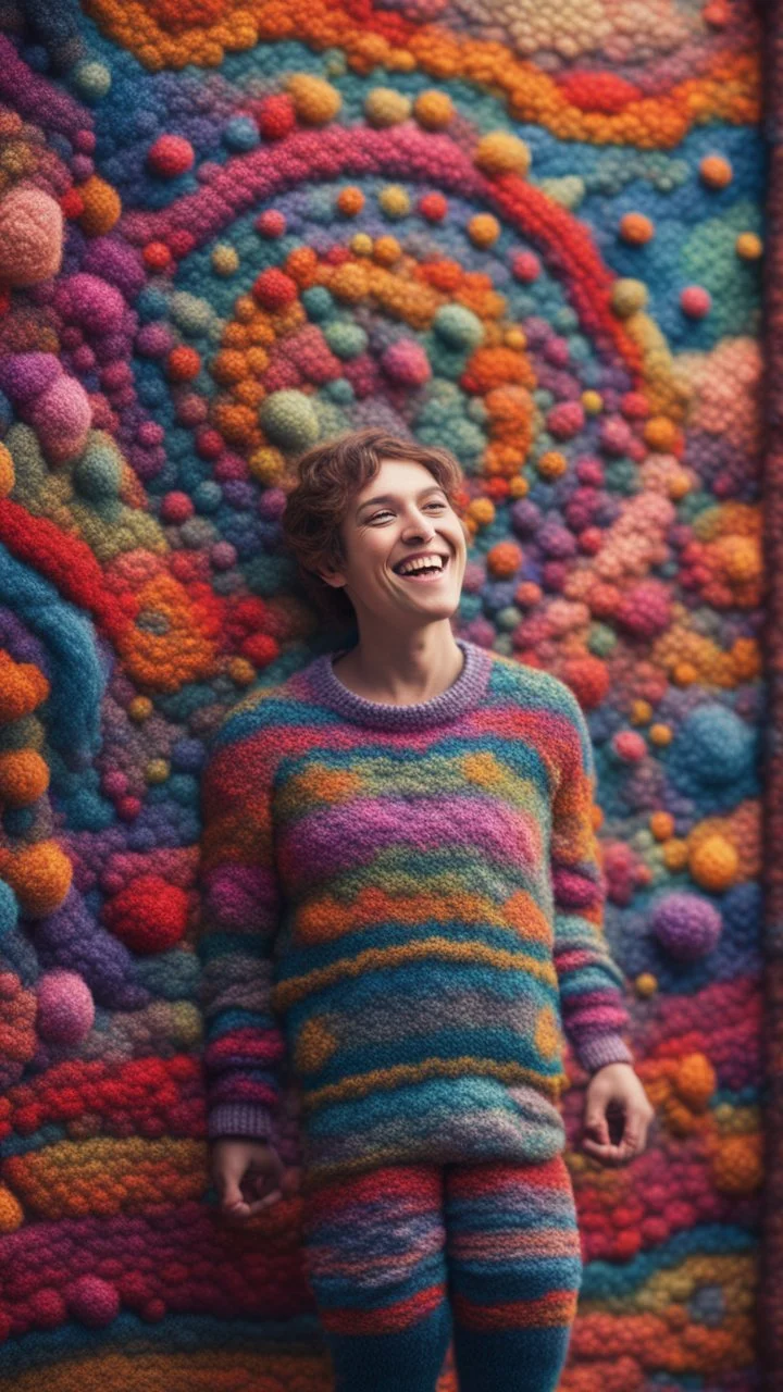 a happy blissed person woven into a psychedelic knitted tapestry wall, bokeh like f/0.8, tilt-shift lens 8k, high detail, smooth render, down-light, unreal engine, prize winning