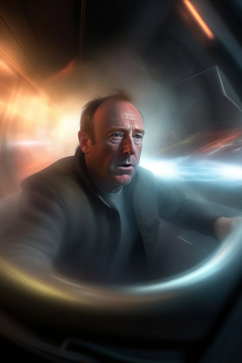 alex jones experiencing mach 5 in small space pod going through future portal, motion blur, smoke, 8k, downlight, soft light, depth of field, photorealism, trending on art station, lotsa detail