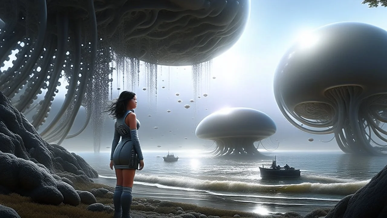 Detailed matte painting of a wide-angle shot of a woman, standing on the right side of an alien beach, with dark hair in a silver robotic catsuit, many large floating jellyfish with octopus tentacles, alien jungle trees in the distance