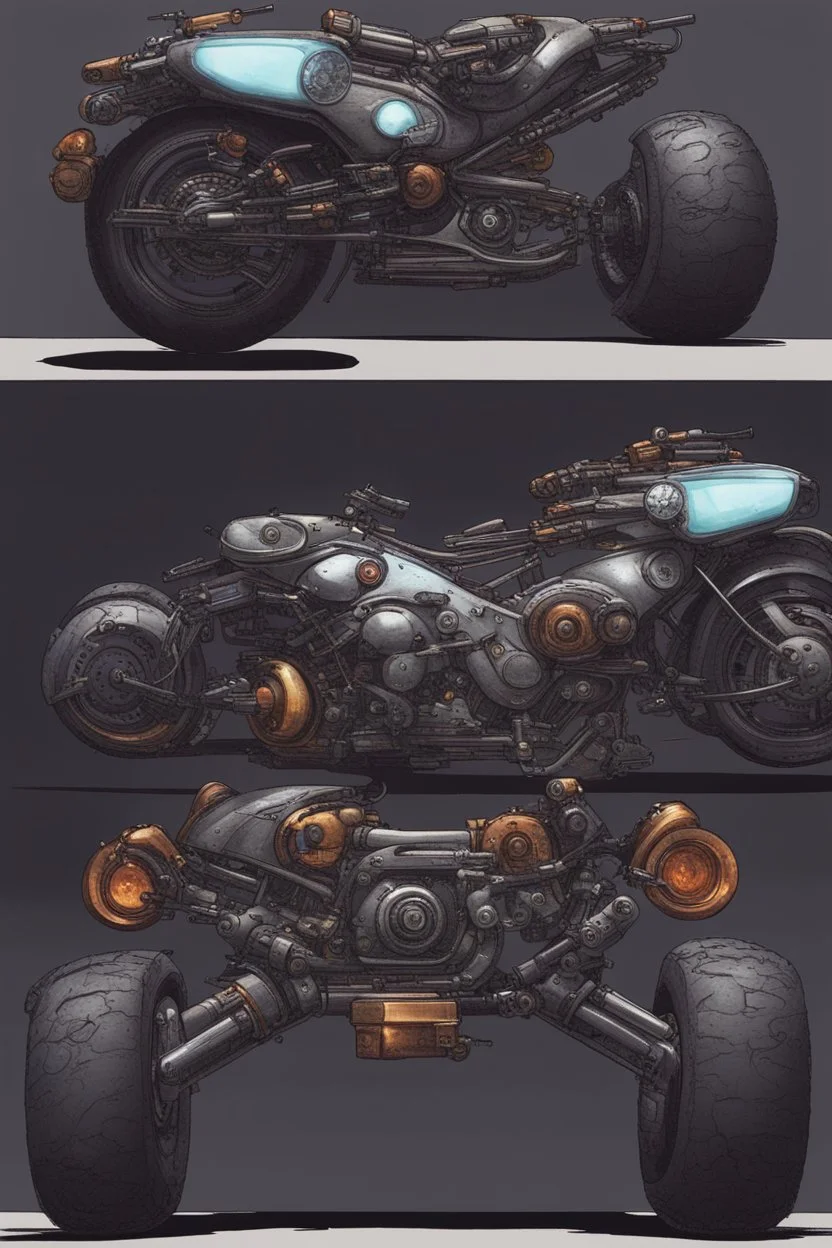 An advanced motorcycle with four wheels and a turbo jet in the back with rockets and machine guns