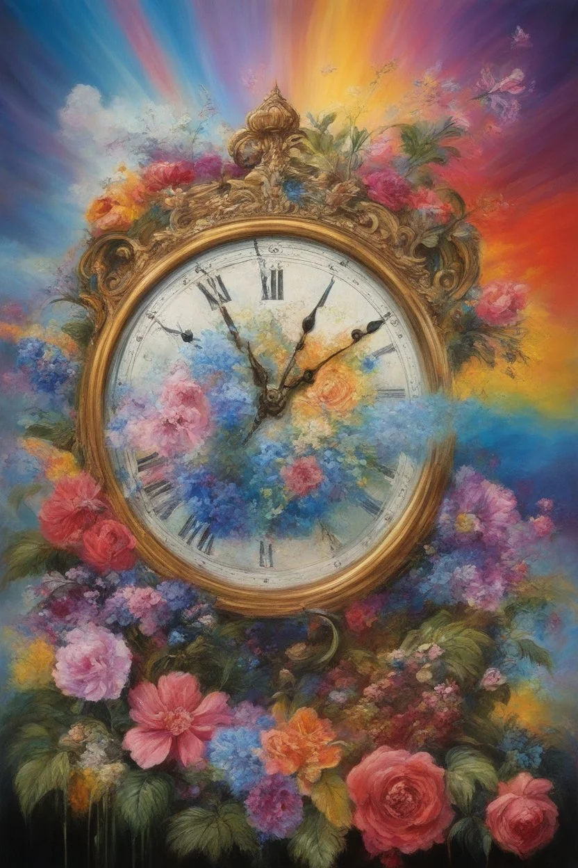 Hickory Dickory dock what a wonderful man clock, Paul Stanley/Elvis Presley/Keanu Reeves/Jon Bernthal, multicolored, large, Floral/rainbow designs, atmospheric, beautiful, oil painting by Boris Vallejo, 4k UHD, Photorealistic, professional quality