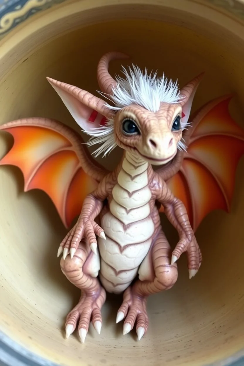 The image depicts a fantastical gremlin, specifically a dragon, with a unique and whimsical appearance. The dragon is positioned in a circular frame, which suggests it might be inside a container or a vessel. The dragon's body is elongated and has a segmented appearance, with a detailed texture that gives it a realistic look. Its head is covered with white, spiky hair, adding to its fantastical charm. The dragon's wings are large and spread out, with orange and white hues. Dr photo dragon.