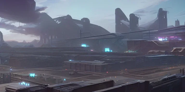 Industrial Area in valley and three big Starship flying above