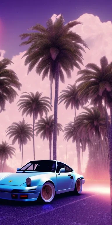 1980's aesthetic vaporwave palm trees and spheres and Porsche with lightning