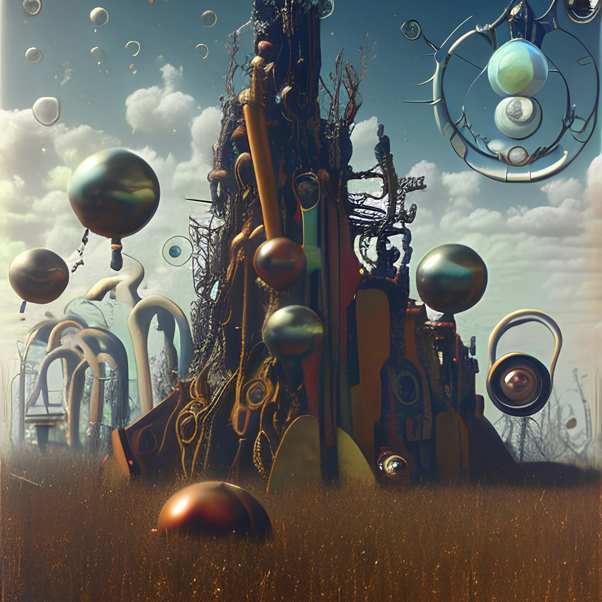 A wasteland, clouds, polaroid, noon light, Max Ernst, Yves Tanguy, Audubon, 8k, 3d, 33mm photography, bright colours, sharp focus, odd spindle-shaped objects