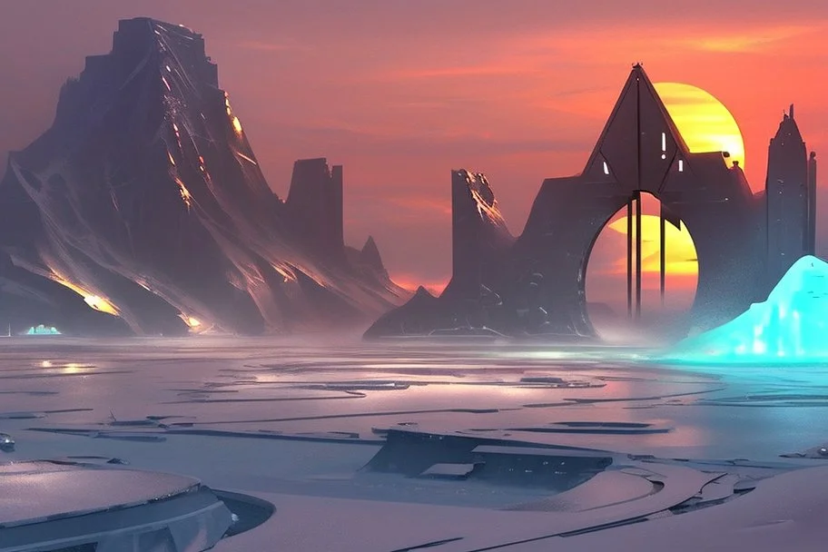 Buildings, ice, sci-fi, epic, sunset