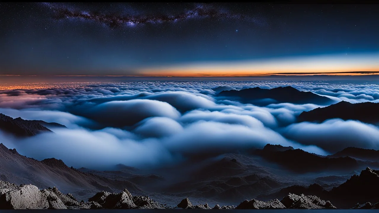 looking down from space at the mist and clouds, surrounded by the mist at night starry sky. majority of the image is space