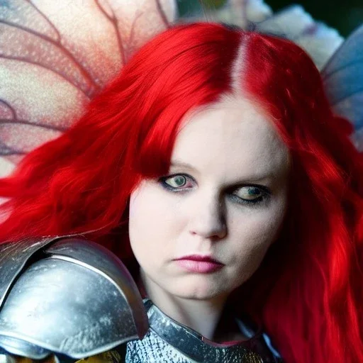 fairy with red hair and armor fights an eating disorder