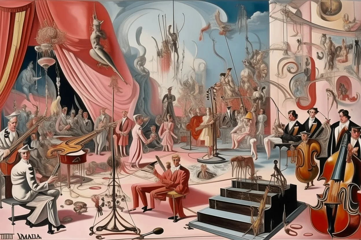 A pale pink magical circus with orchestra instruments painted by Salvador Dali