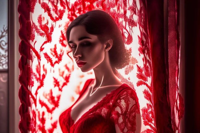 Through a lace curtain we see a mysterious beautiful woman with perfect face in red lace dress, backlit in a luxurious bedroom Nikon D850 highly detailed digital painting sharp focus elegant intricate photorealistic 4k very attractive beautiful dynamic lighting award winning fantastic view crisp quality Unreal Engine very cute cinematic postprocessing acrylic art in sunshine