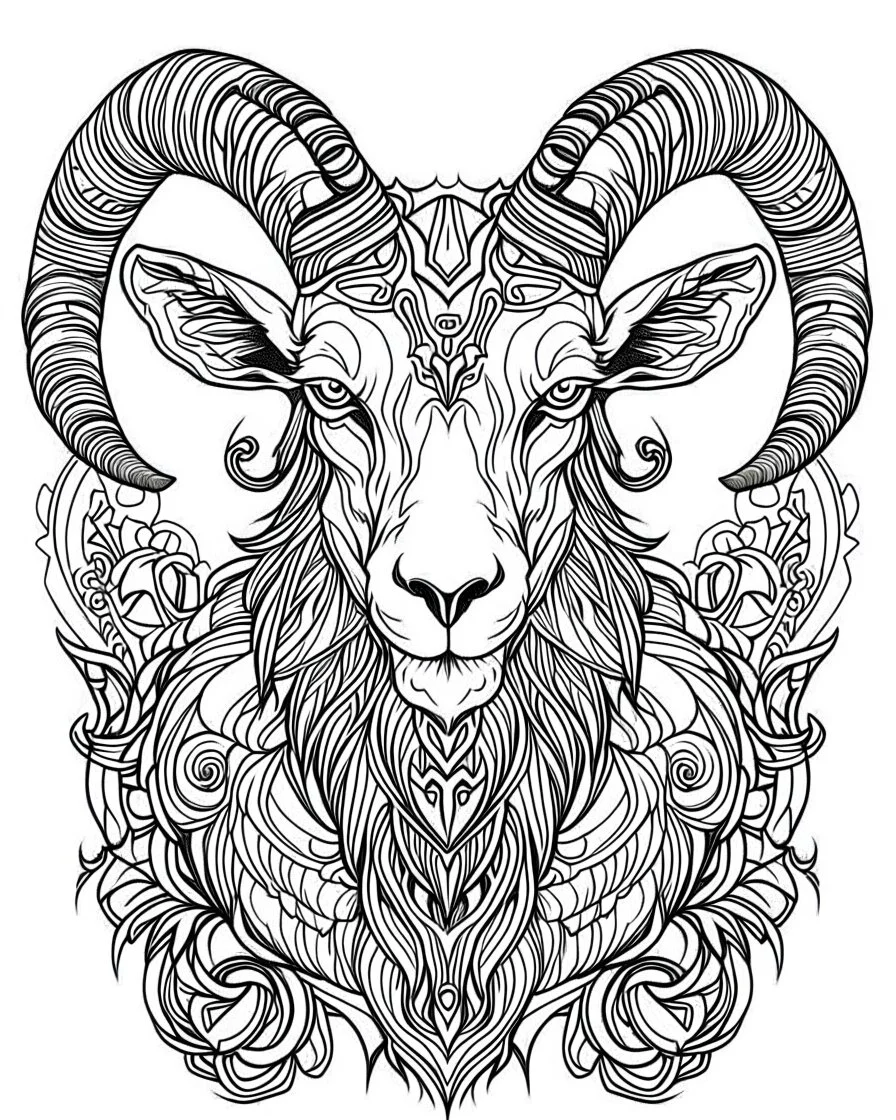 satanist goat tattoo, coloring book page, clean line art, adults drawing book, Black and white only, crisp black lines, sharp lines, coloring page for adults, black and white picture, lots of details, tattoo style,tattoo ideas, full body, without shadows and colors