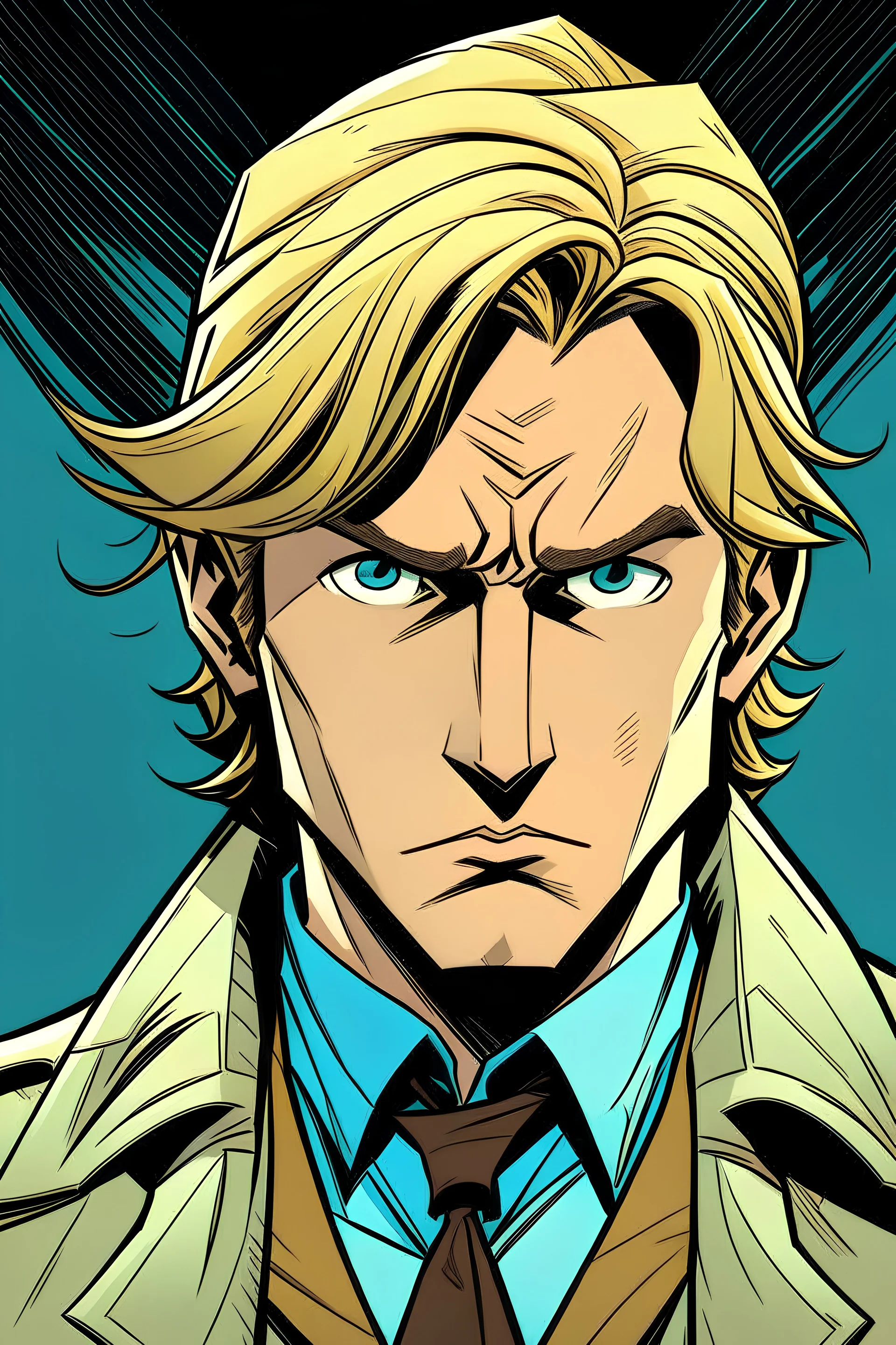 Detective, looking serious, with blond hair in a comic style