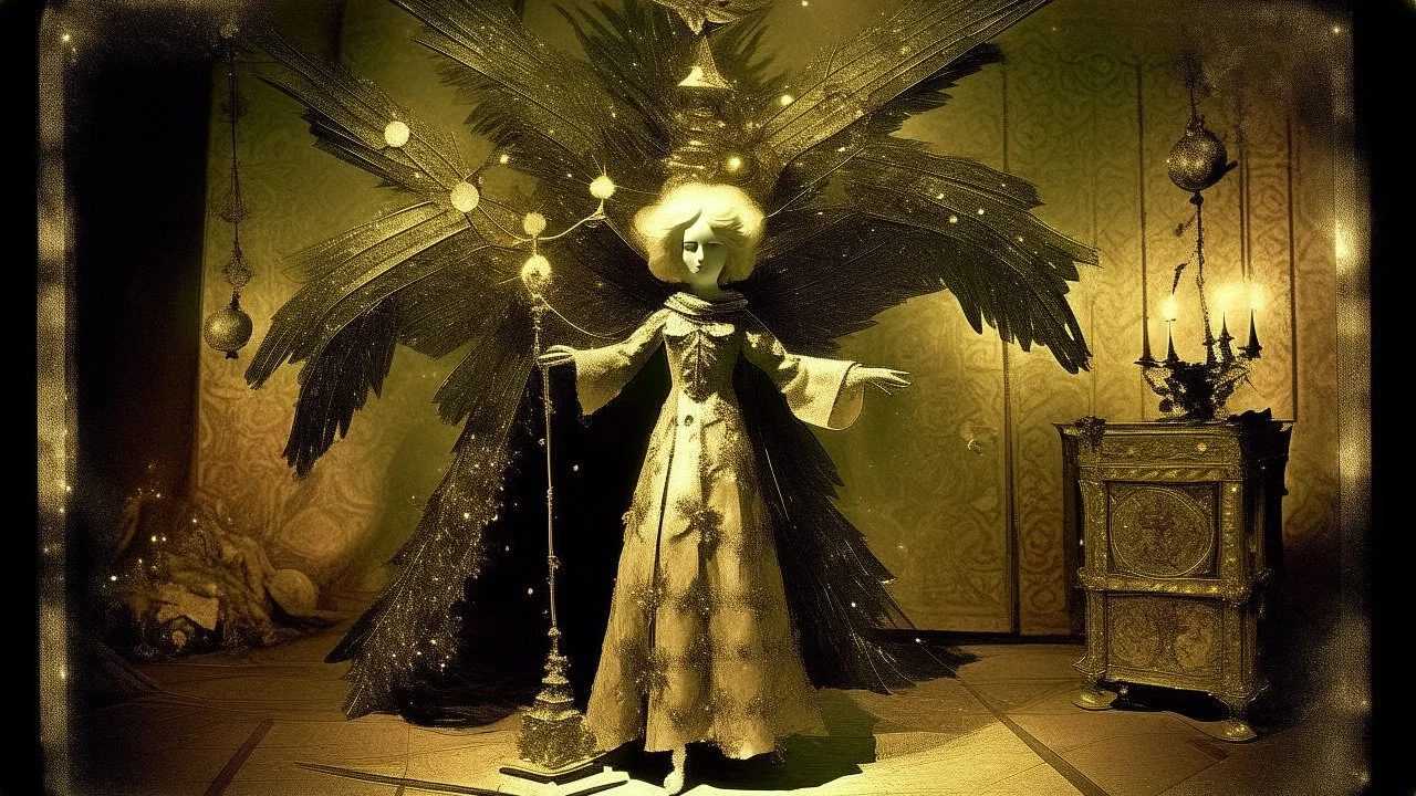 Empiriocriticism, cursed christmas angel and the christmas tree of the Empty Room, augmented reality, pantomim, masks, eerieland, abstract surrealism, glitter, calotype combineted tintype , performance art grainy editorial, kodakchrome, high-contrast