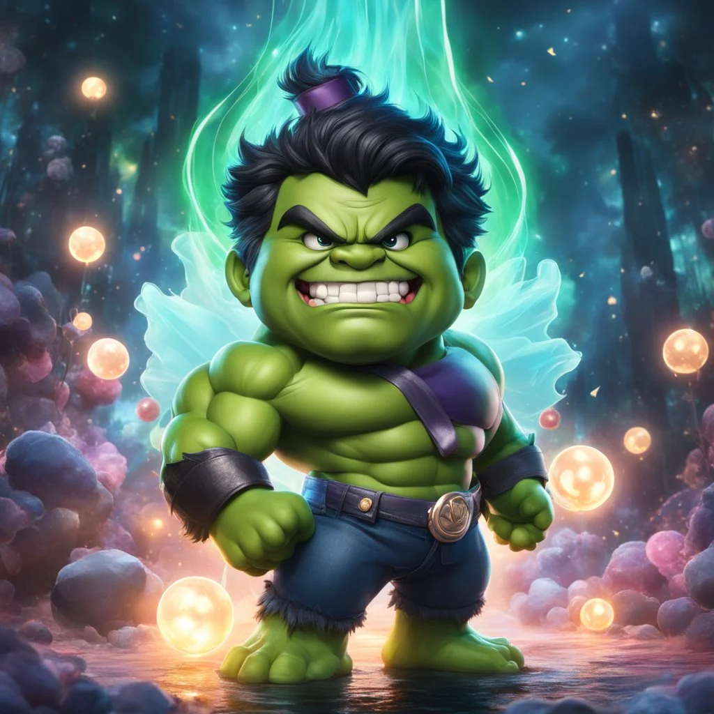 chibi cute caricature of Hulk as a 2020's clown, surrounded by will-o'-the-wisp, elegant, close wiew, dynamic pose, photorealistic rendering --ar 2:3 --stylize 500 --v 6