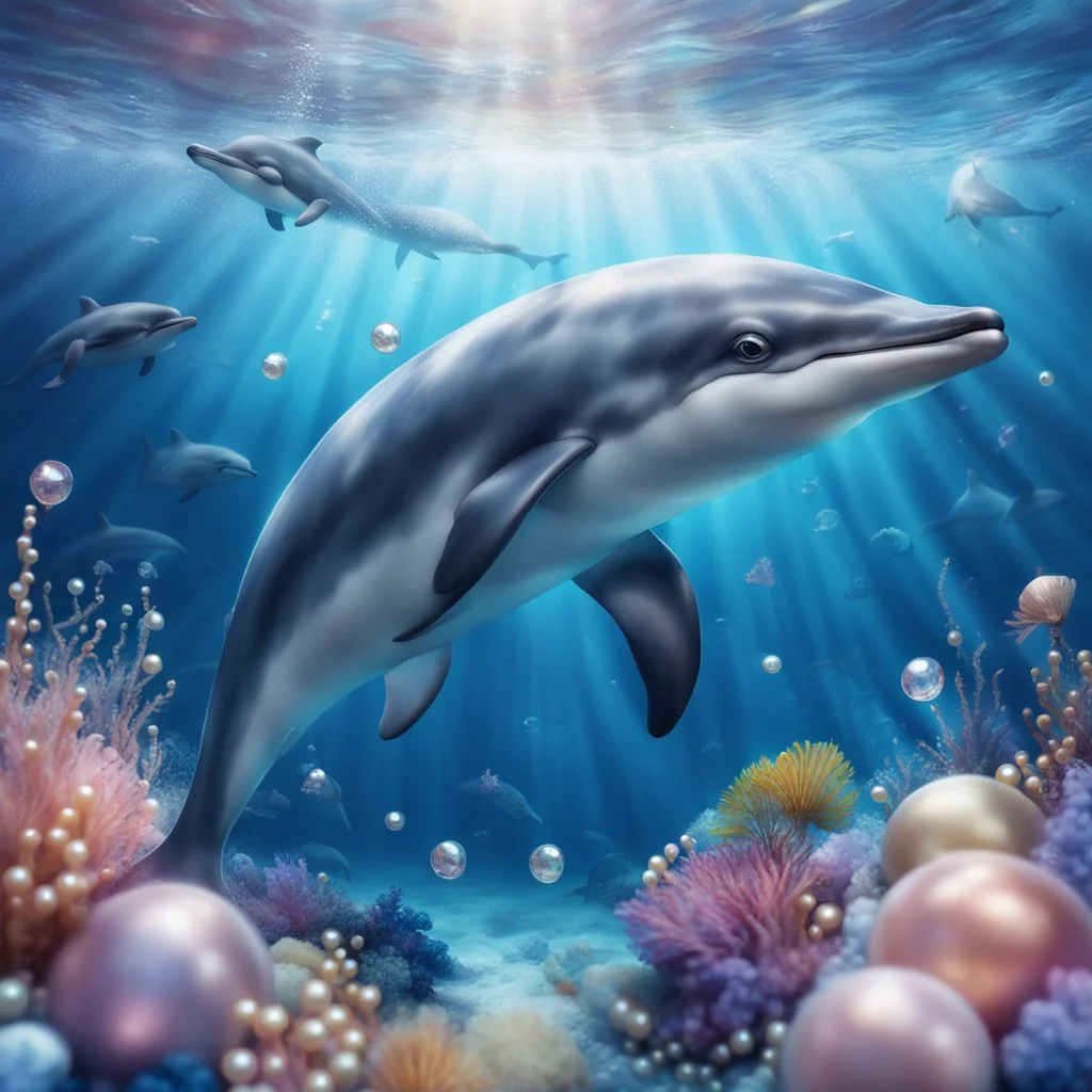 Hyper Realistic Cute Dolphin swimming under the ocean with pearls & crystals under water