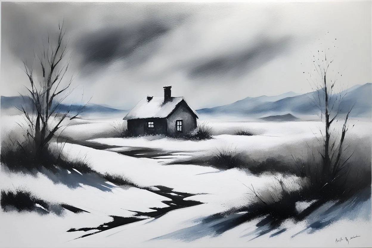 snowy land with a lone pale weather-beaten cottage, (heavy snowing:2), acrylic paint, minimal art, low colors of steel gray, snow white and black, sparse pale cobalt tint leak, wild brush strokes, hard winter, storm dynamics, great wind diagonals, gloomy mountain skyline