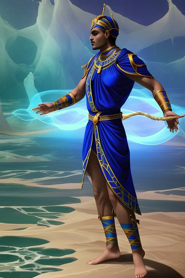 [ancien Egypt, real photography] Clad in a robe of deep cobalt blue, Akkiru's attire seemed to meld seamlessly with the boundless expanse around him. The fabric, adorned with motifs that echoed the rhythmic dance of waves, flowed gracefully in the wind. As he gripped the ship's ornate railing, his fingers - calloused by the duties of leadership - clung with a practiced firmness, a testament to his unwavering grip on the helm of his people's destiny.