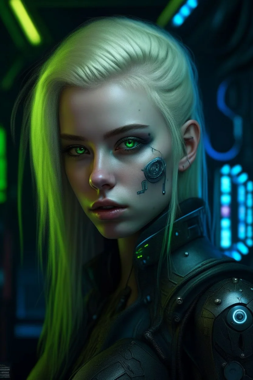 hyper real oil painting on canvass of blonde pierced cyberpunk Malkavian vampire chat robot portrait with clear blue-green eyes in moon light feeling in control in goth ruins Giger patterned background, zeiss prime lens, bokeh like f/0.8, tilt-shift lens 8k, high detail, smooth render, down-light, unreal engine, prize winning