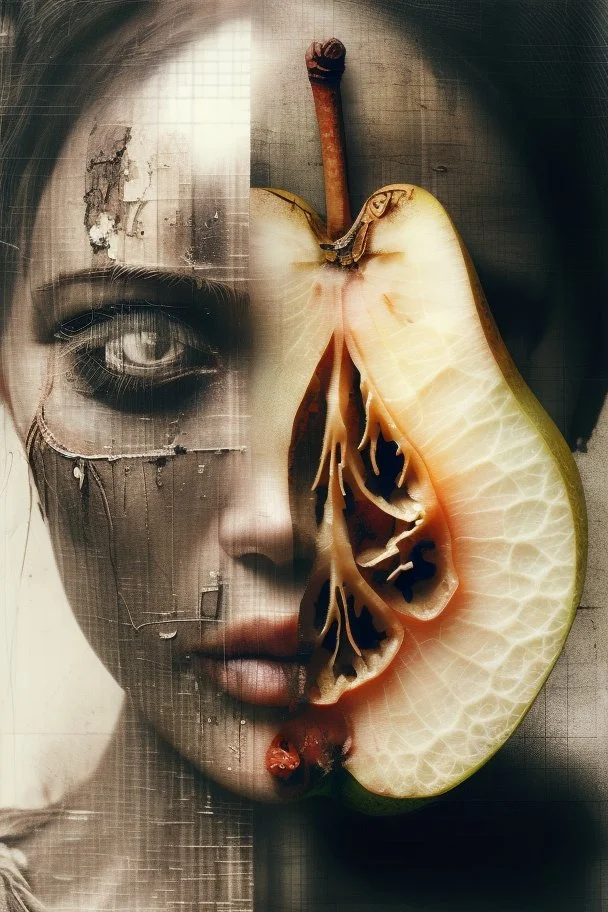 Grunge, woman as a decaying dried out Pear intricately showing its internal structure and seeds, cyberpunk, ultra unique natural textures, slight imperfections, vray.