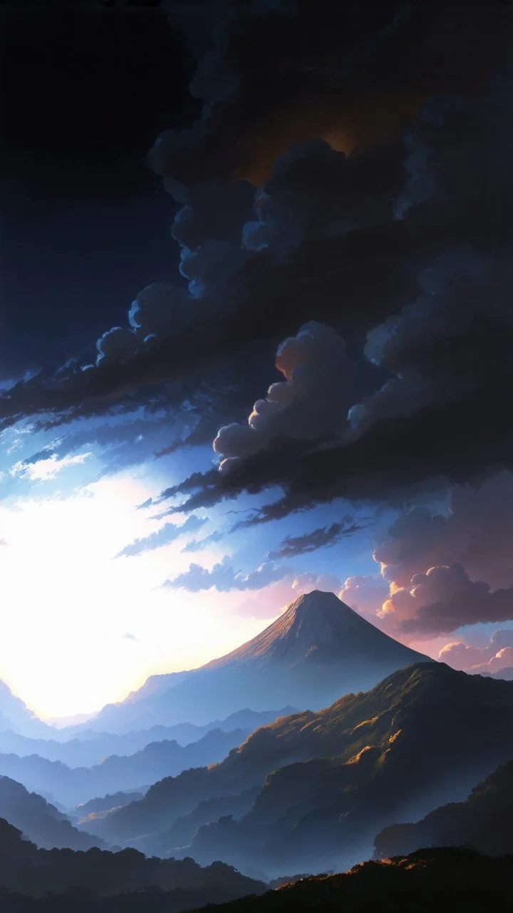 Realistic background of sunset with color full clouds behind a mountain