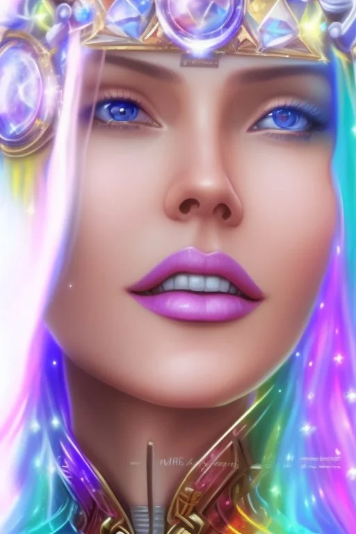 cosmic woman smile, admiral from the future, one fine whole face, crystalline skin, expressive blue eyes,rainbow, smiling lips, very nice smile, costume pleiadian, Beautiful tall woman pleiadian Galactic commander, ship, perfect datailed golden galactic suit, high rank, long hair, hand whit five perfect detailed finger, amazing big blue eyes, smilling mouth, high drfinition lips, cosmic happiness, bright colors, blue, pink, gold, jewels, realist, high commander