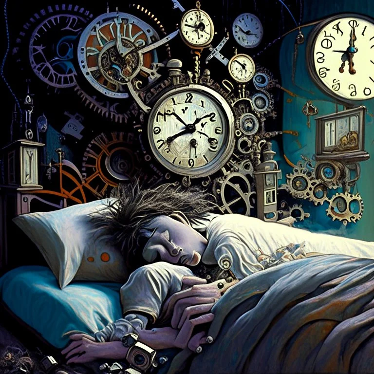 A drug-addicted individual is illustrated lying in bed, surrounded by old clockwork machinery and gears. As they drift off into their fantasy, the clocks come alive, each one representing a different realm of their imagination. The hands of the clocks spin backward, accelerating time, and whisking the person away to their magical dreamscape.