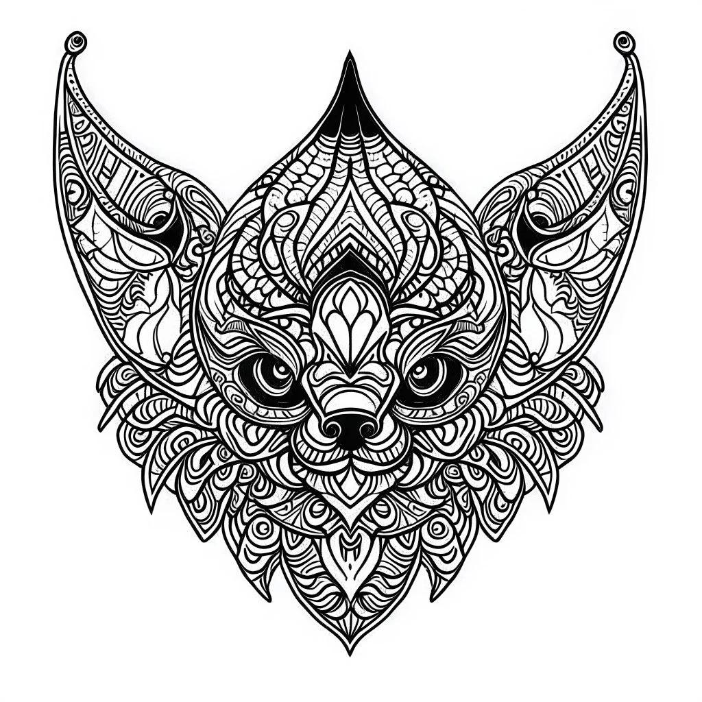 Bat, front view, mandala, minimal lines, cartoon, white back ground color, real style, realistic, minimalistic, minimal black line art, line art, crisp line art, unique coloring sheet, outlined, outline, crisp, crisp line edges, illustration, thin lines, crisp clear lines, line art, clean line art, unique, 8k, amazing, masterpiece, no colors, no dark color, no black color, avoid thick black, minimalistic line edges, pure white back ground, image character full fit to page,