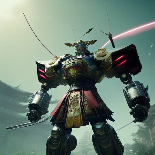 masterpiece robot samurai with yakuza tatu, atmospheric, realistic, unreal engine, cosmic galactic background, cinematic lighting, octane render, random colors, cosmic ambiance, art by Yoji Shinkawa