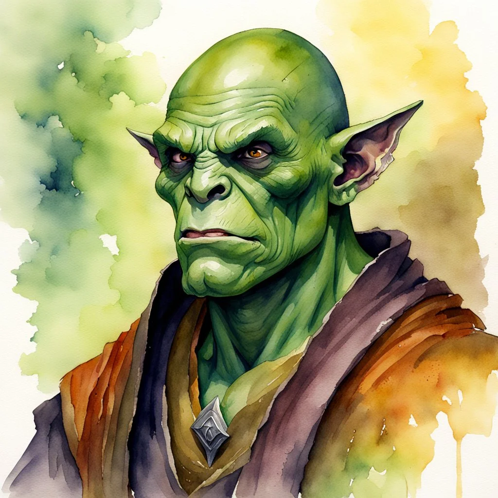 fantasy, watercolour, illustration, portrait, half orc, monk, abbot