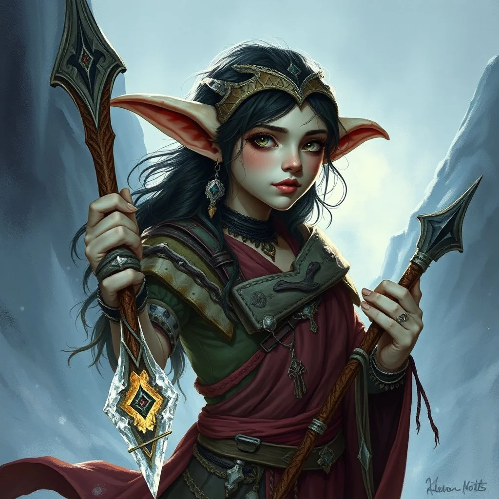 a pretty goblin woman, shaman, ice, young, medieval, fantasy, illustration, cinematic, poster